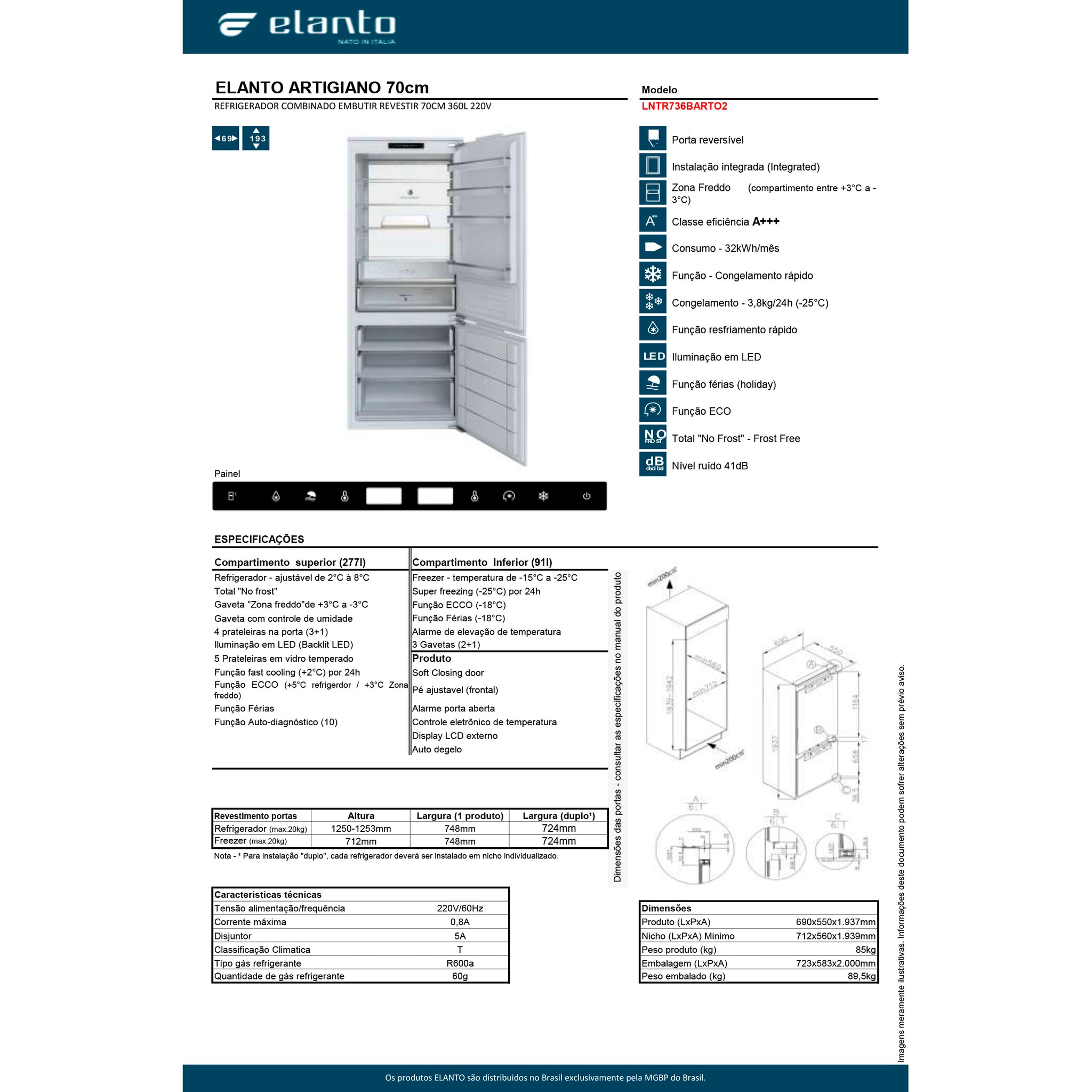 Refrigerador Bottom Freezer Elanto - Linha Artigiano Combinado